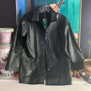 SHEIN Womens Black Faux Leather Shacket Jacket Oversized Sz Small Boyfriend Fit